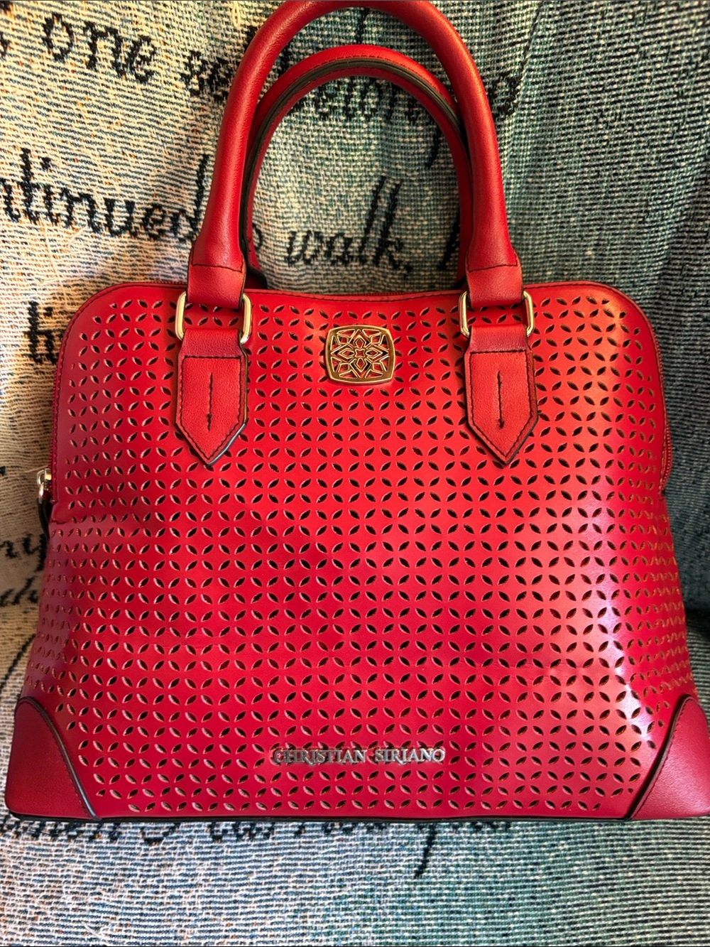 Christian Siriano Red Laser-Cut Top-Handle Satchel